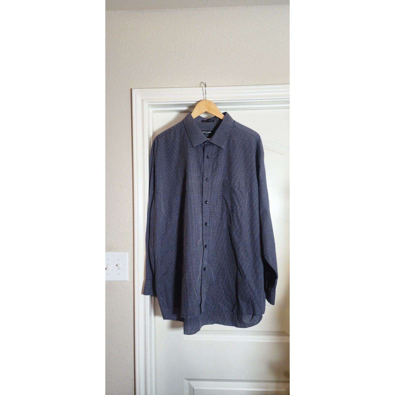 Pierre Cardin Vintage Men’s 18.5 34/35 Blue Black Button Cotton Blend Dress Shir